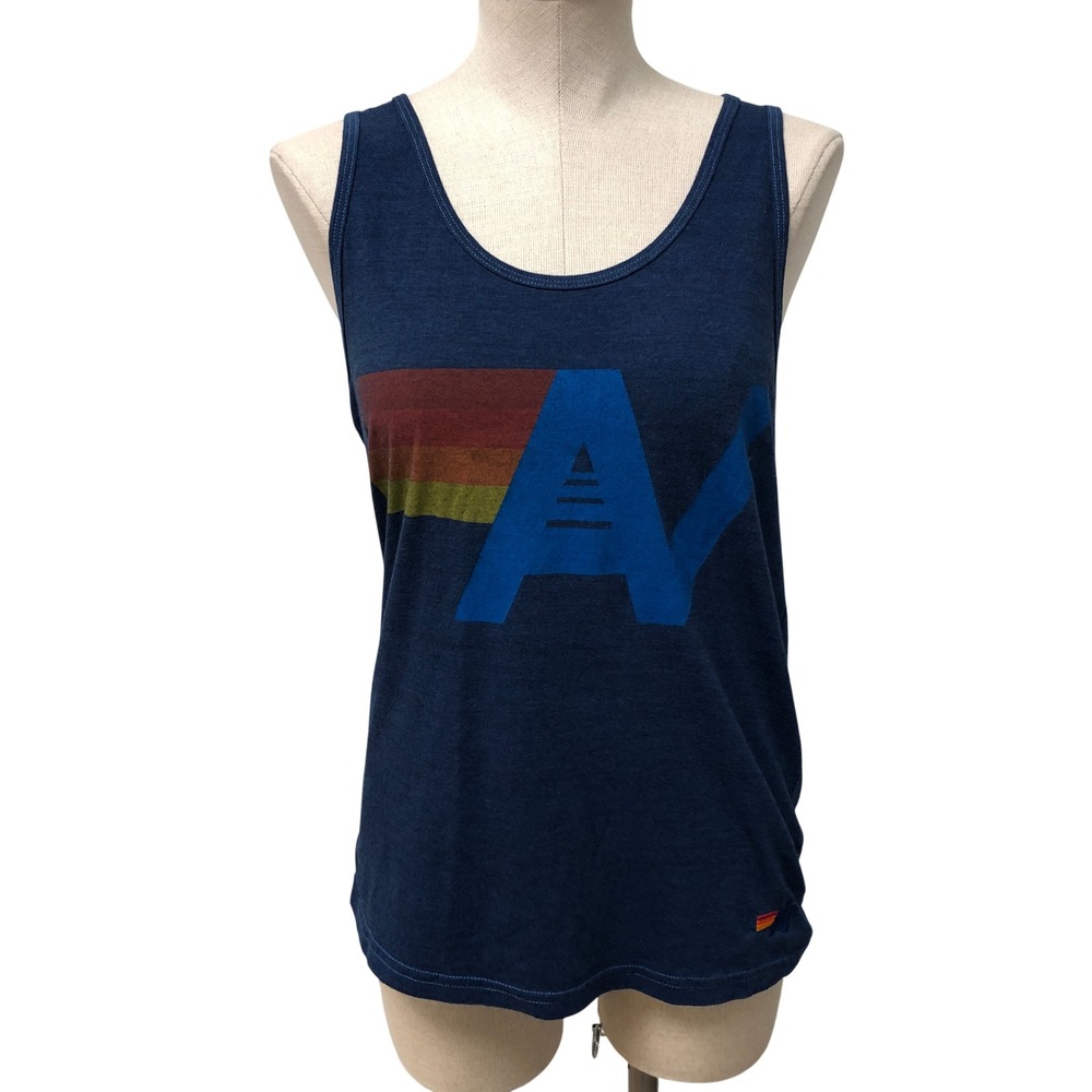 Aviator Nation Tank Top Mens Medium Blue Rainbow Graphic Logo Made in USA